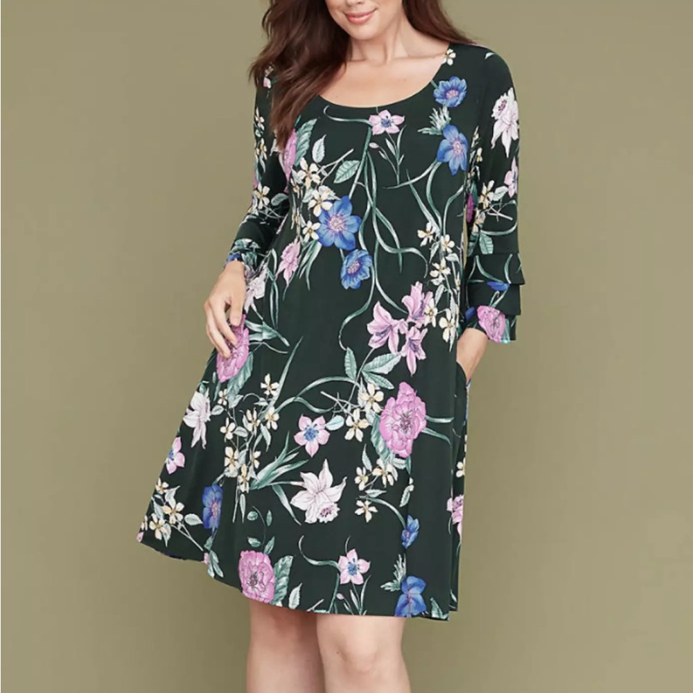 LANE BRYANT WOMEN'S GREEN 3/4 RUFFLE SLEEVE PRINT SWING DRESS PLUS Sz  18/20